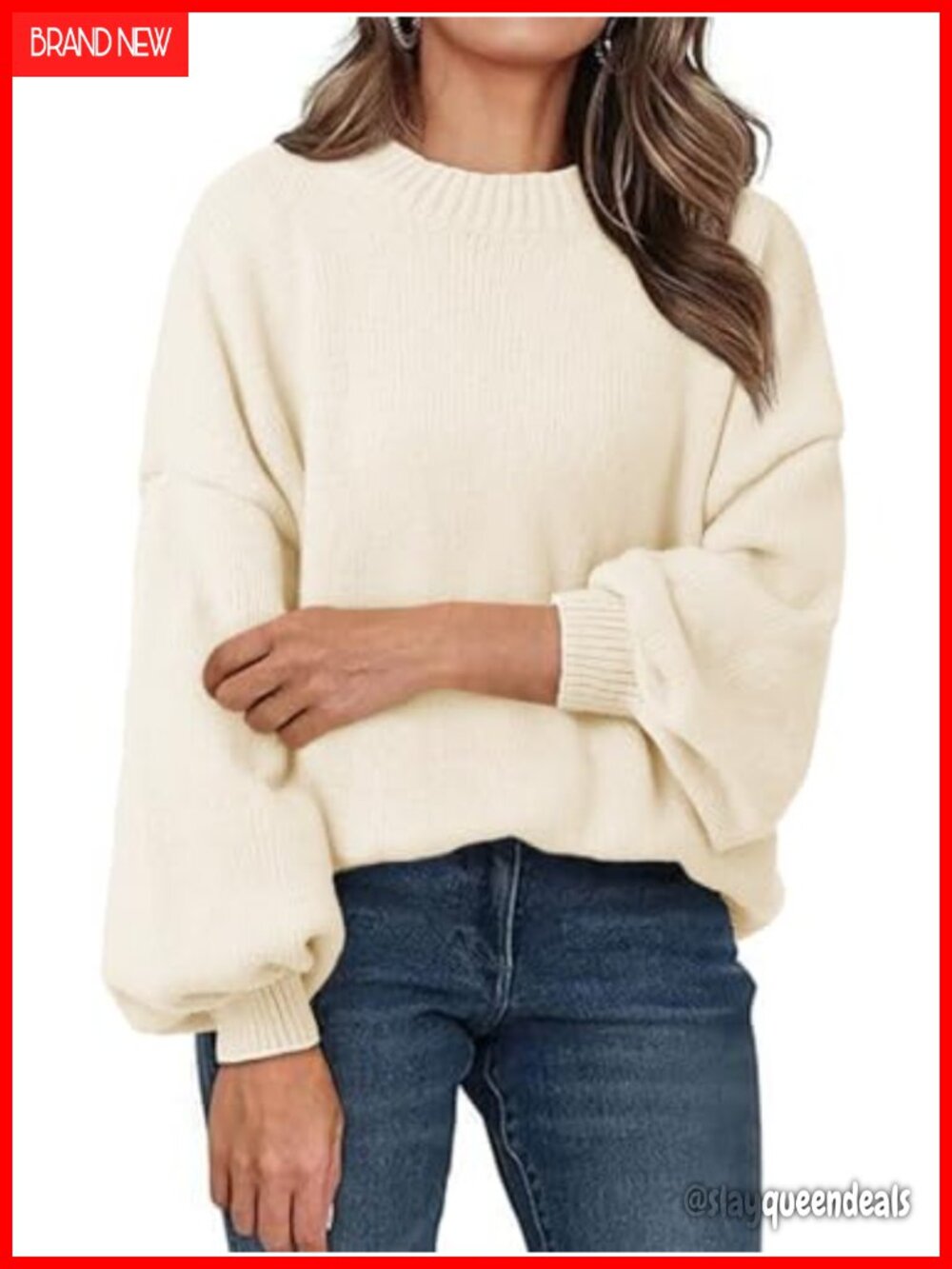 Oversized Chunky Knit Mock Neck Lantern Sleeve Pullover Sweater for Women
